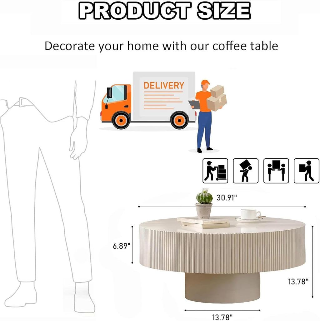 Modern Drum Fluted Round Coffee Table for Living Room, Unique Accent Fluted Drum Coffee Table, Contemporary Minimalist Low Circle Tea Tables for Farmhouse Apartment (B)