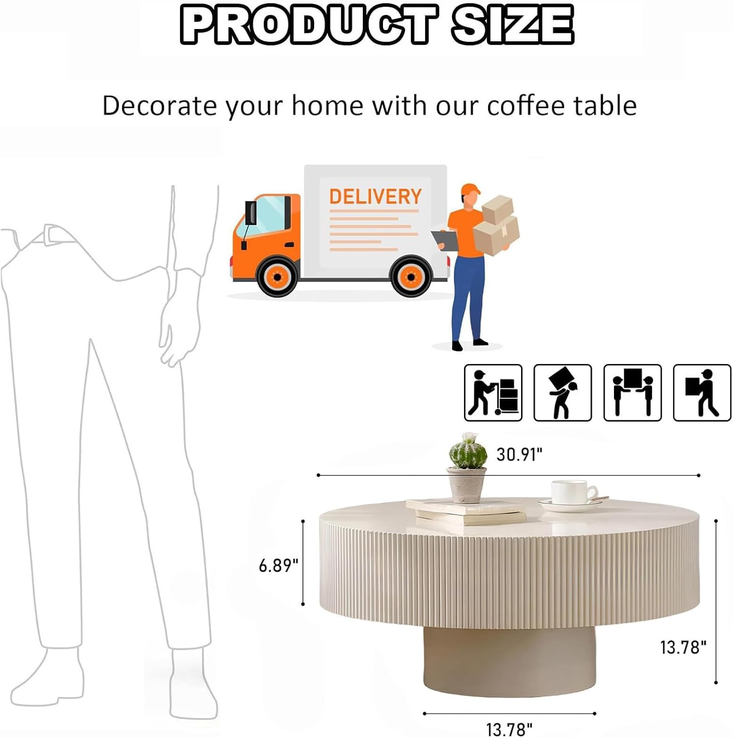 Modern Drum Fluted Round Coffee Table for Living Room, Unique Accent Fluted Drum Coffee Table, Contemporary Minimalist Low Circle Tea Tables for Farmhouse Apartment (B)