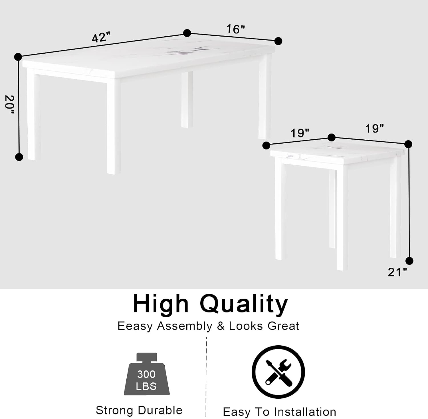 Hooseng 3 Piece Coffee Table Set, Faux Marble Tabletop Style with Black Metal Frame Sofa Side Tables Perfect for Living Room Accent Furniture,Includes Table & 2 End Tables, White