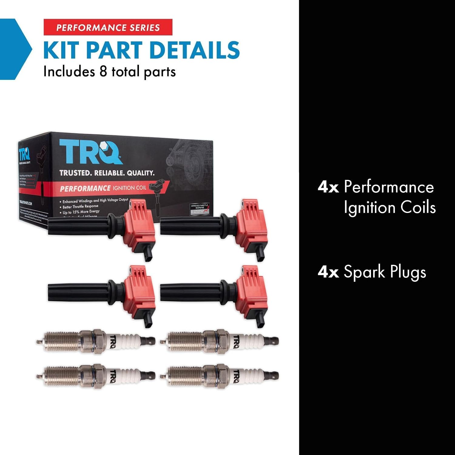 TRQ Ignition Coil & Spark Plug Kit Iridium 8 Piece Compatible with 2012-2018 Ford Focus 2.0L 2016-2018 Focus 2.3L 2015-2018 Edge 2.0L 2012-2017 Land Rover Range Rover Evoque 2013-2015 LR2