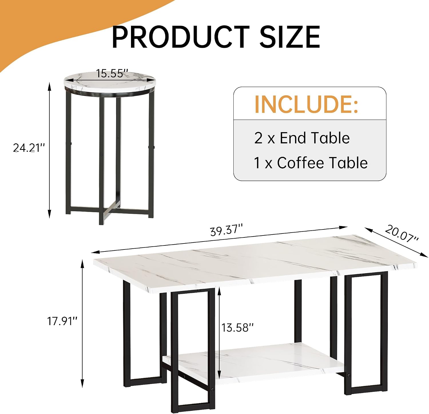 AWQM Coffee Table Set of 3, Faux Marble Coffee Table with 2 Round End Side Tables, Modern Living Room Table Set with Metal Frame for Apartment Home Office，White&Black