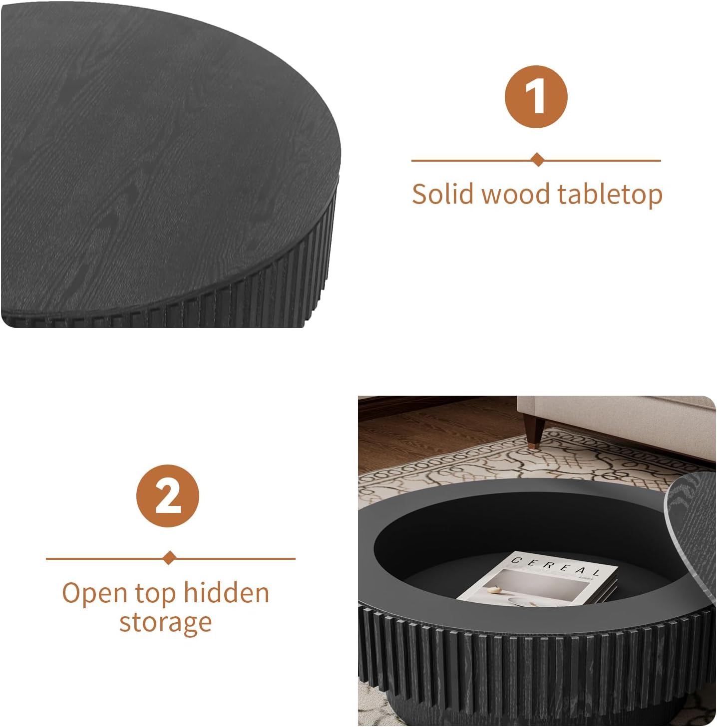 31.5'' Round Coffee Table for Living Room, Fluted Coffee Table with Hidden Storage, Solid Wood Veneered Circle Table, Modern Tea Table for Small Space Apartment (Black)