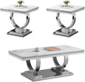 3 Pieces Coffee Table Set, Faux Marble Living Room Table Set of 3, Modern Coffee Table and 2 End Tables with O-Shaped Stainless Steel Base for Living Room Office (White Silver)