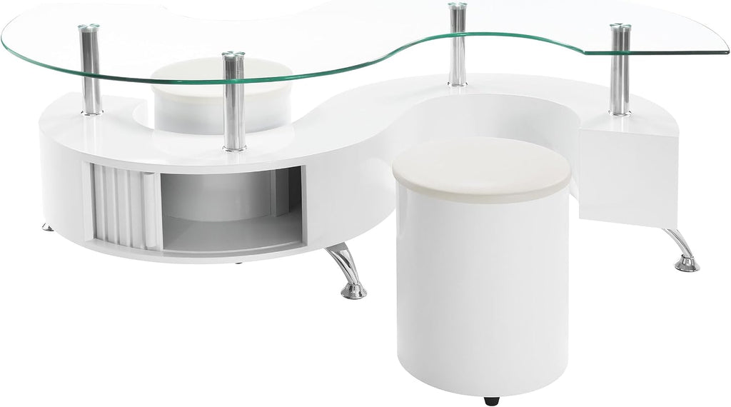 Coaster Home Furnishings - Buckley - Wood and Glass - 3-Piece Coffee Table and Stools Set - Curved Serpentine Shape, Faux Leather Upholstered Stools - Living Room - 51-Inch - White High Gloss - 703400