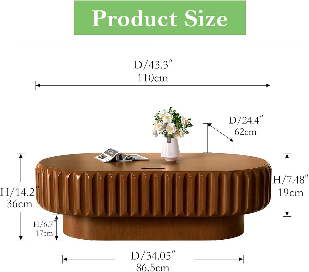 43.3' Oval Drum Coffee Table with Storage Rustic Chic Fluted Center Table - Handcraft Solid Wood Veneer Edge for Living Room Farmhouse (C 43.3in)