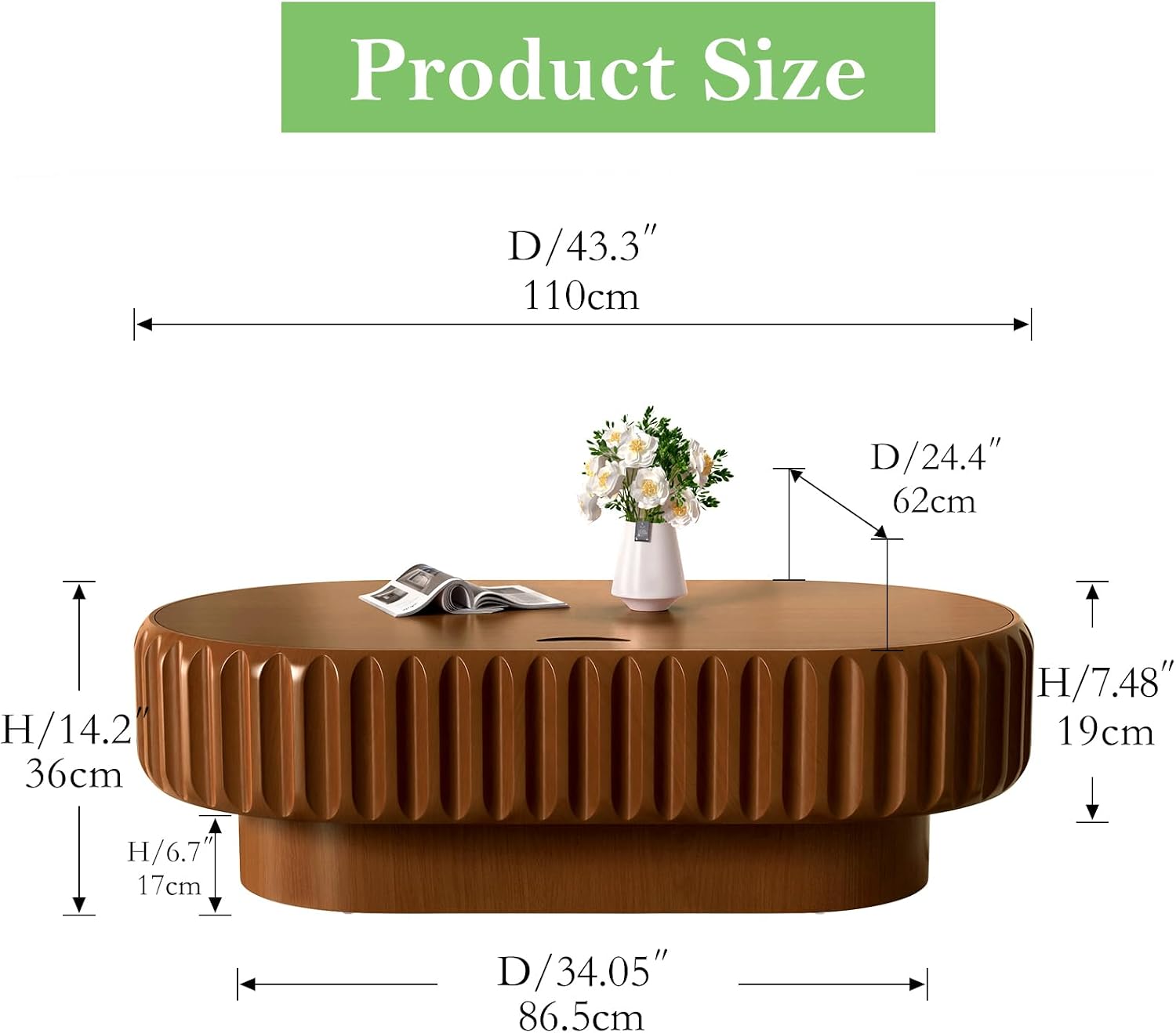 43.3' Oval Drum Coffee Table with Storage Rustic Chic Fluted Center Table - Handcraft Solid Wood Veneer Edge for Living Room Farmhouse (C 43.3in)