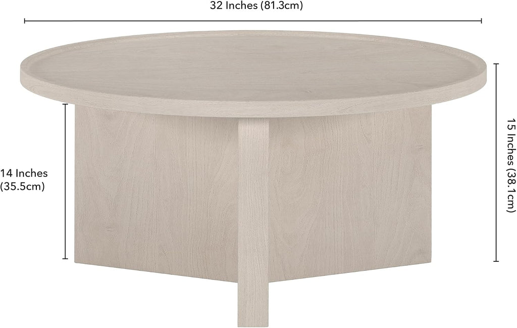 Henn&Hart 32' Round Wood Pedestal Low-Profile Coffee Table for Living Room, Family Room, Office or Apartment, Beech White