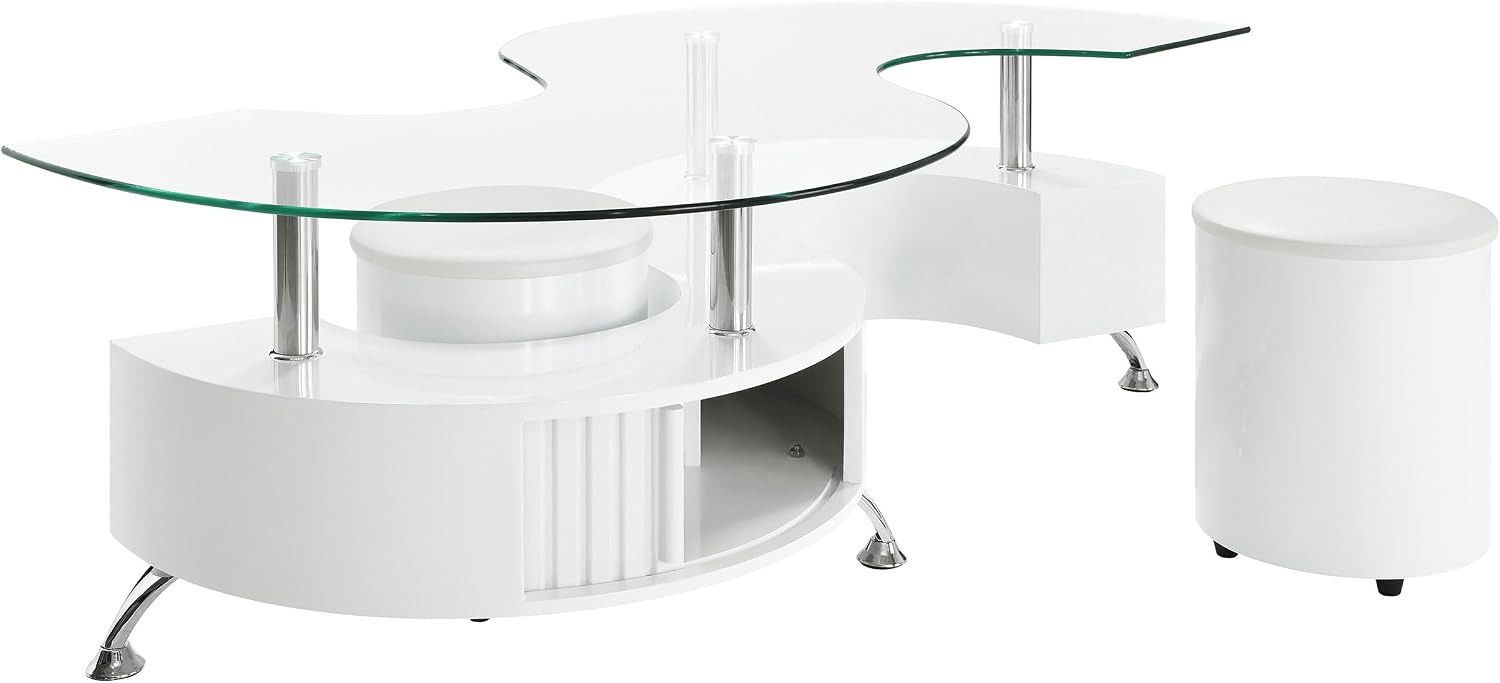 Coaster Home Furnishings - Buckley - Wood and Glass - 3-Piece Coffee Table and Stools Set - Curved Serpentine Shape, Faux Leather Upholstered Stools - Living Room - 51-Inch - White High Gloss - 703400