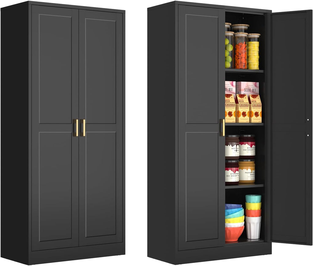 Polup 60 Inch Tall Pantry Cabinet, Metal Kitchen Storage Cabinet with Doors and Shelves, Black Cupboard for Food Storage, Freestanding Cabinet for Living Room, Dining Room - Assembly Required