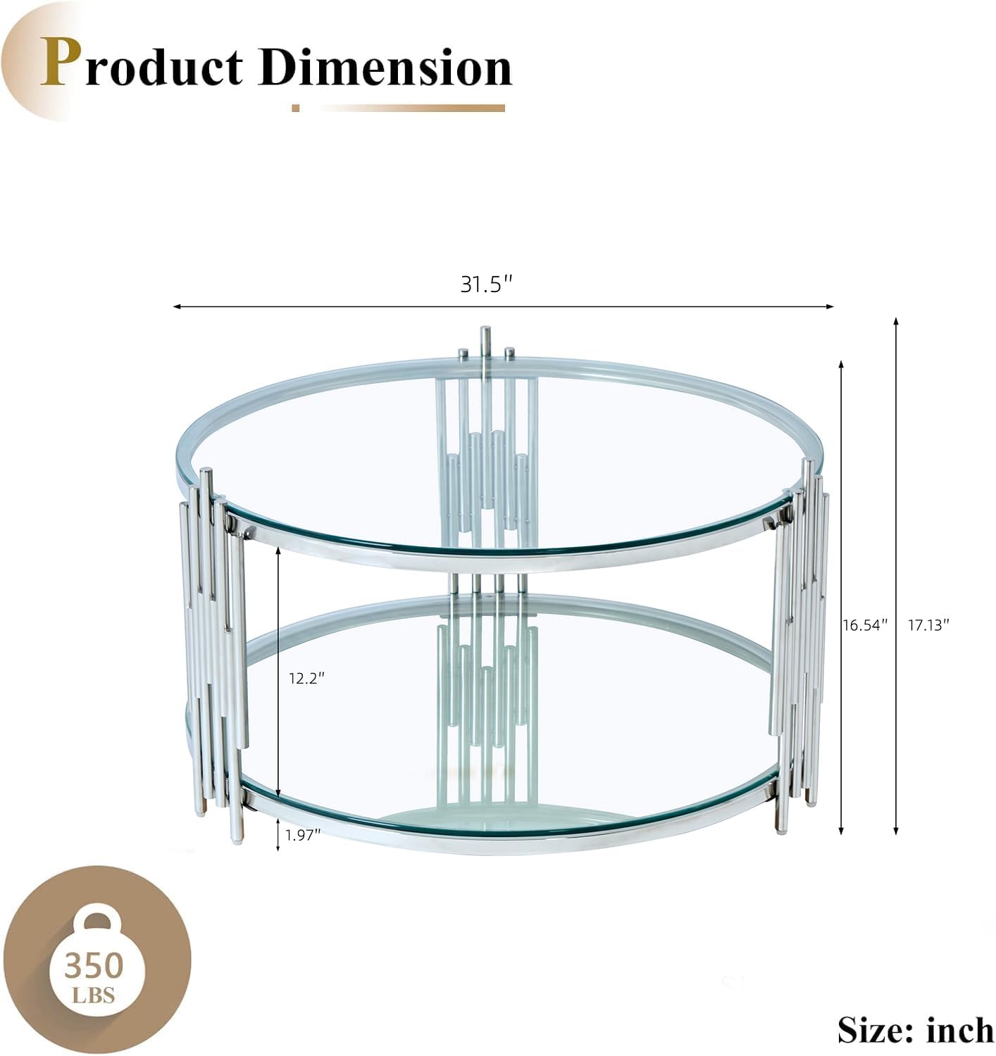 Round Glass Coffee Table with Storage, Luxury 2-Tier Living Room Center Table w/Silver Stainless Steel Frame, Modern 31.5' Circle Glass Coffee Cocktail Tea Table for Home Office