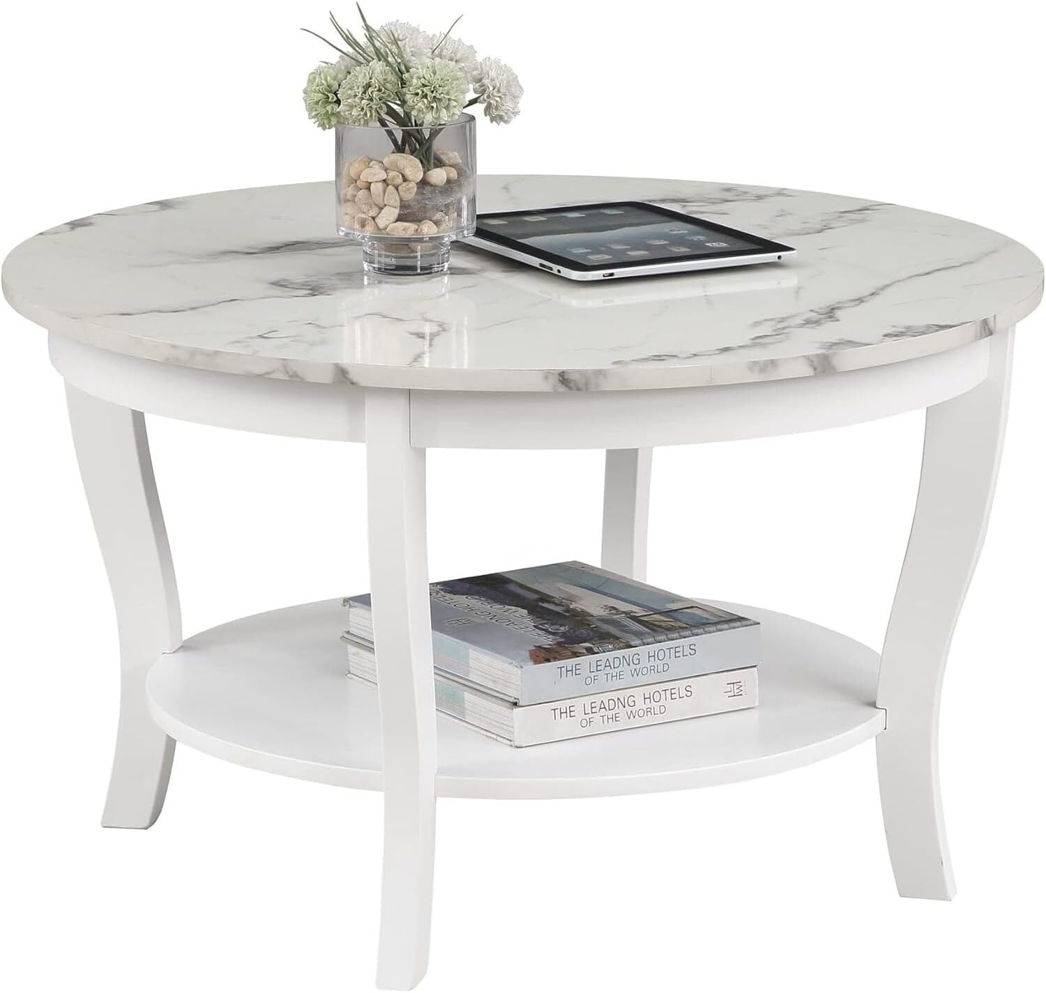 HomeStock Global Greatness Round Coffee Table with Shelf, Wood Finish, Classic Transitional Style Table, Two Tier Spacious Shelving, 30.00 x 30.00 x 18.00 Inch White Faux Marble