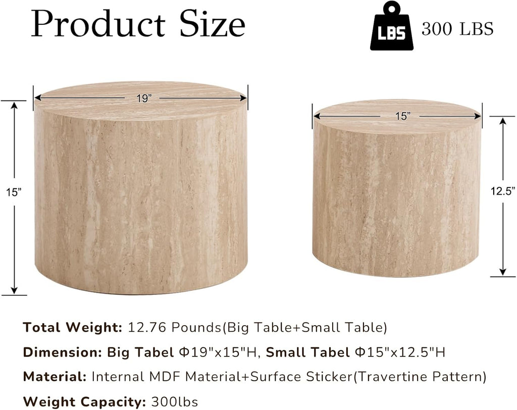 EALSON Nesting Coffee Tables Set of 2 Farmhouse Small Round End Tables Modern Circle Side Table Drum Table for Living Room/Small Spaces/Bedroom/Balcony, No Assembly, Travertine