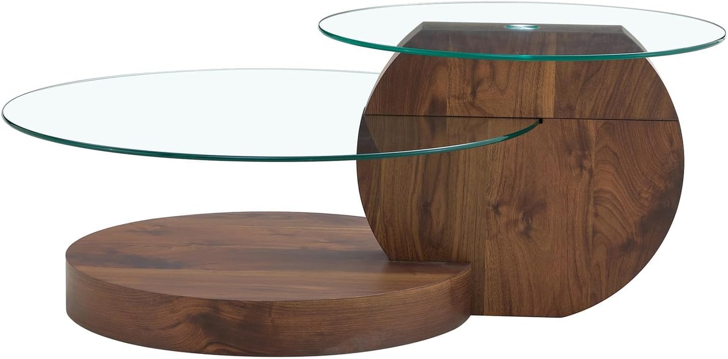 Glass Coffee Table, Modern Round Clear Coffee Tables for Living Room, 3-Tier Circle Tempered Coffee Table with Storage Wooden Side Table for Home Bedroom Balcony Yard (Walnut, 42 inch)