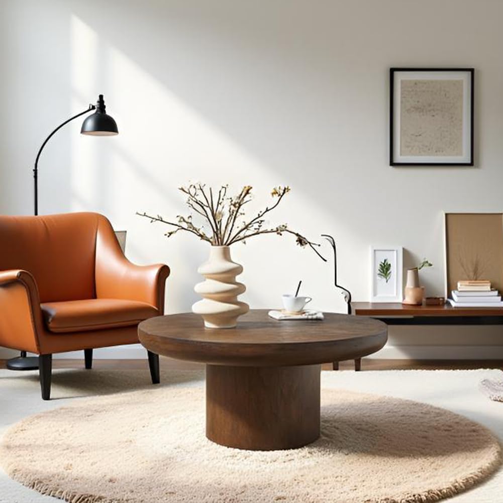 35.98'' Round Wood Coffee Table for Living Room Mushroom Coffee Table Mid Century Modern Center Table with Pedestal Farmhouse Rustic Tea Table for Apartment Office，Brown