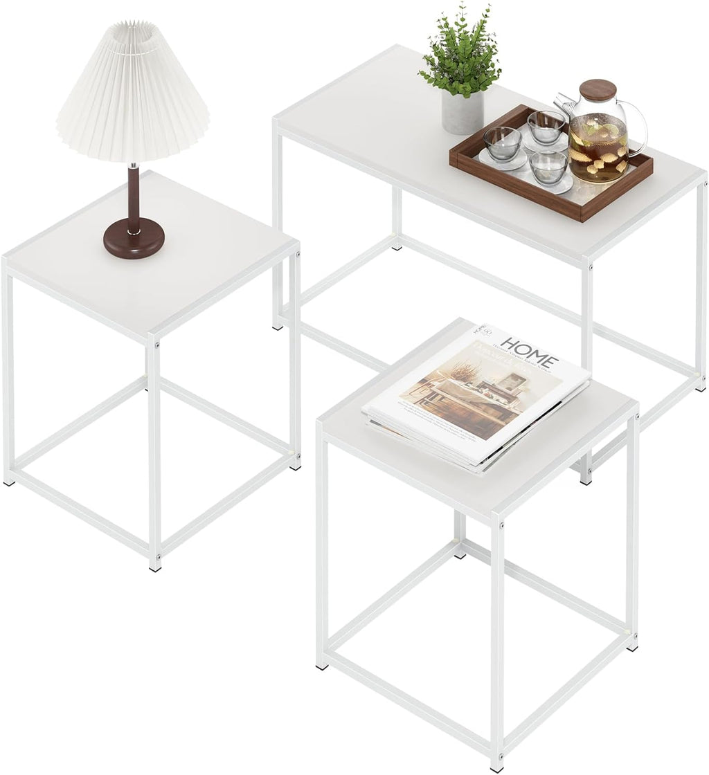 Furinno CAMNUS Living Room Tables Set of 3, Metal Frame 1 Coffee Table + 2 Side Tables, Side Tables Set, White