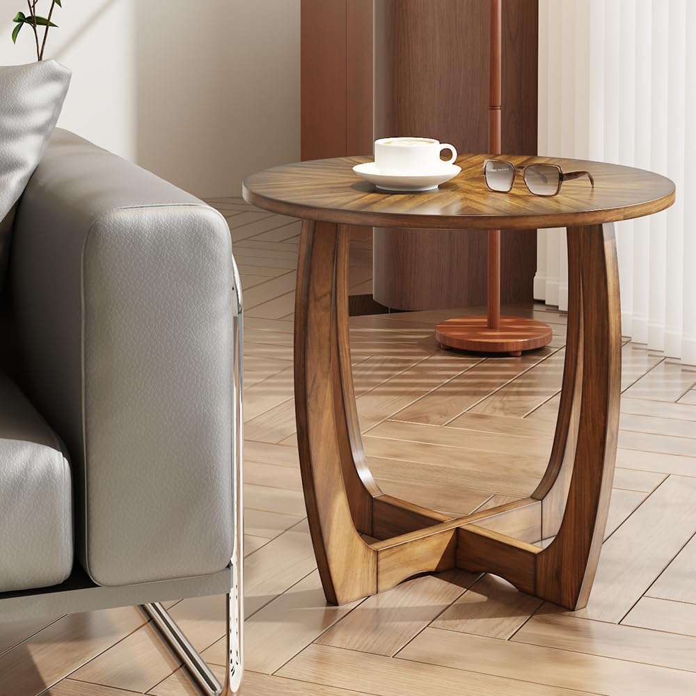 Round End Table, Rustic Farmhouse Side Table with Criss-Cross Wood Legs, Accent Furniture for Family, Dinning or Living Room, Small Coffee Table for Small Spaces, Vintage Brown