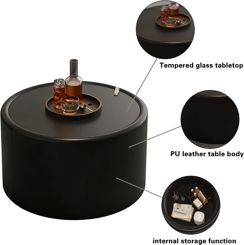 Black Round Coffee Table with Tempered Glass Top, PU Leather Accent Table with Hidden Storage, No Assembly Required Modern Coffee Tables for Living Room