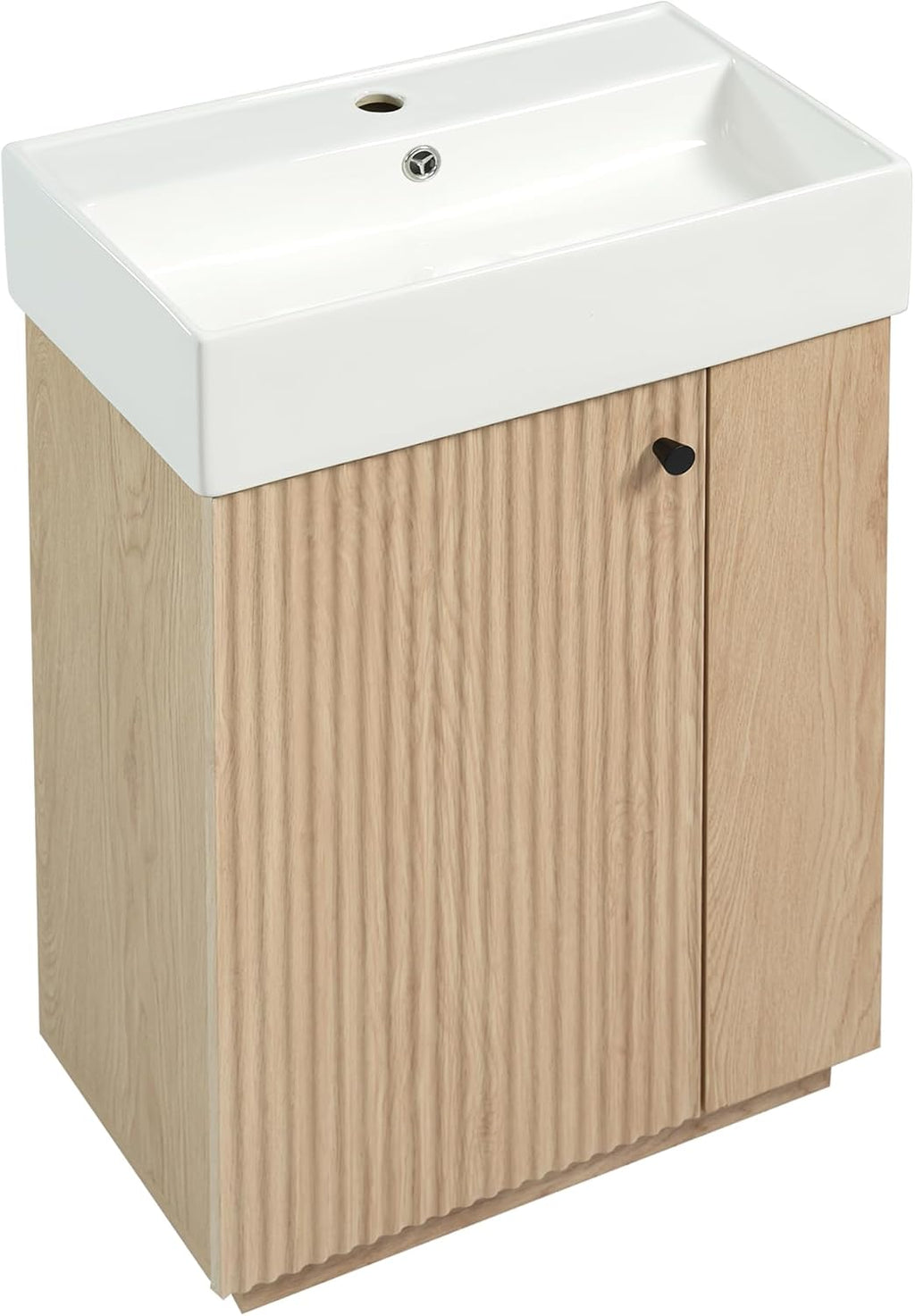 21.6' Modern Bathroom Vanity with Ceramic Sink - Freestanding Wood Grain Cabinet (MDF) with Left Door, Perfect Open/Closed Storage for Small Bathrooms!