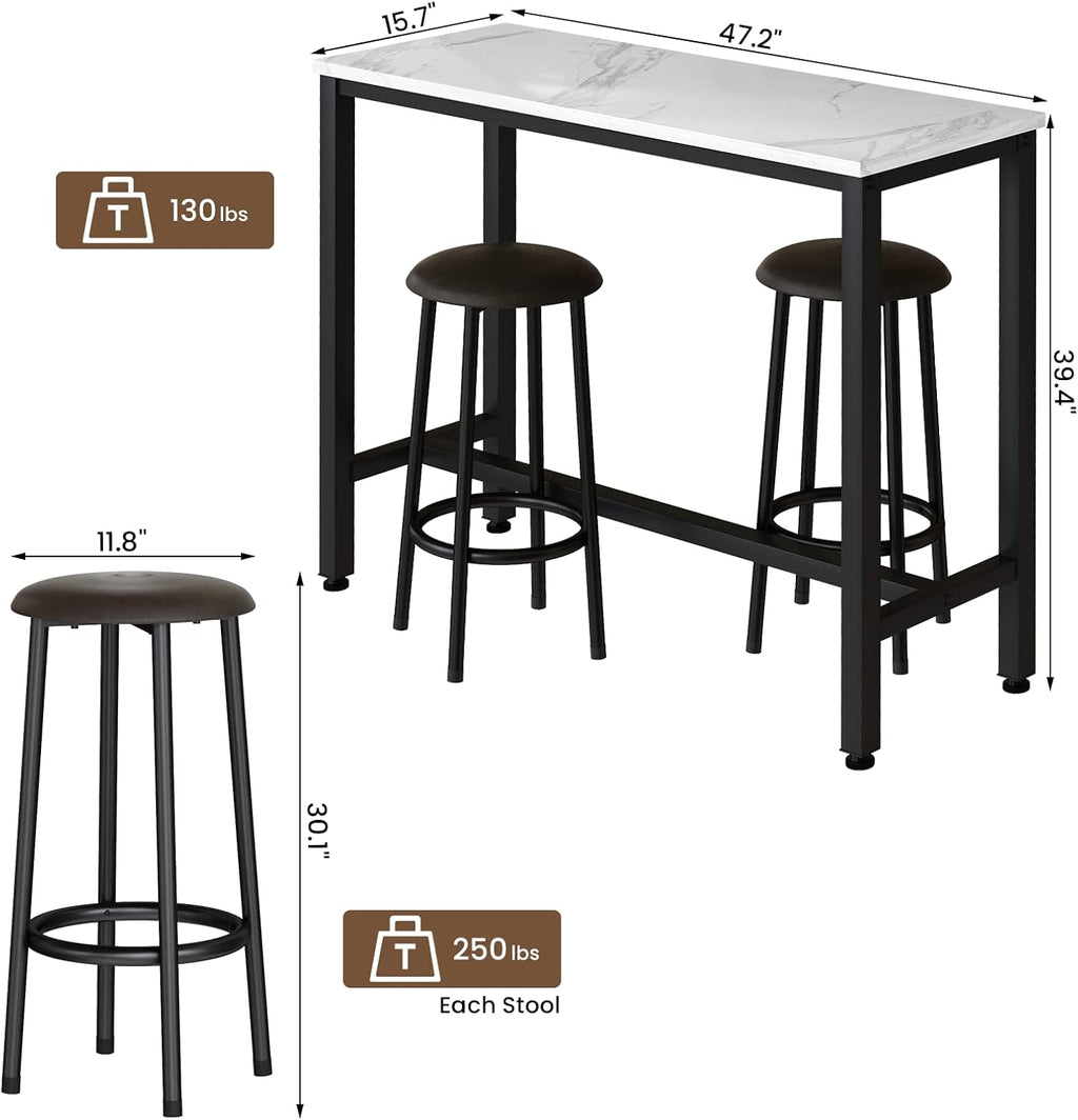 AWQM 47.2' Bar Table Set of 2,Faux Marble Pub Height Table and Chairs Set of 2 with Upholstered Stools,3 Piece Bar Table and Chairs Set Dining Table Set for Living Room,Kitchen,Bar,White & Brown