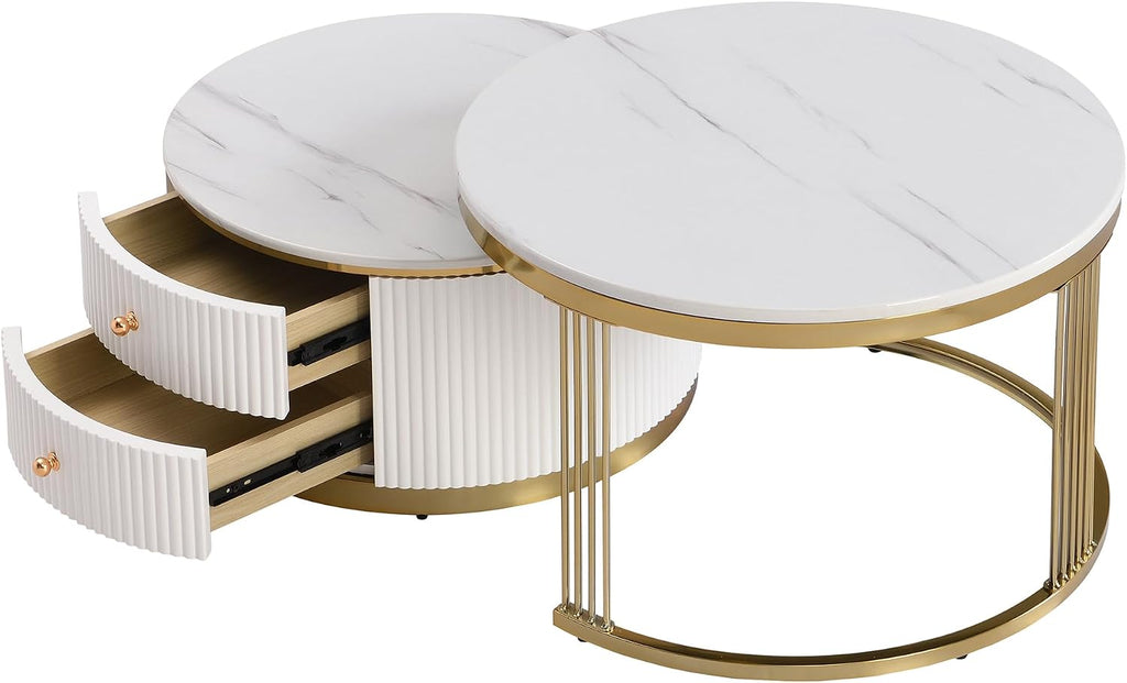 27.6' Modern 2 Pieces Round Nesting Coffee Table with Drawers,White