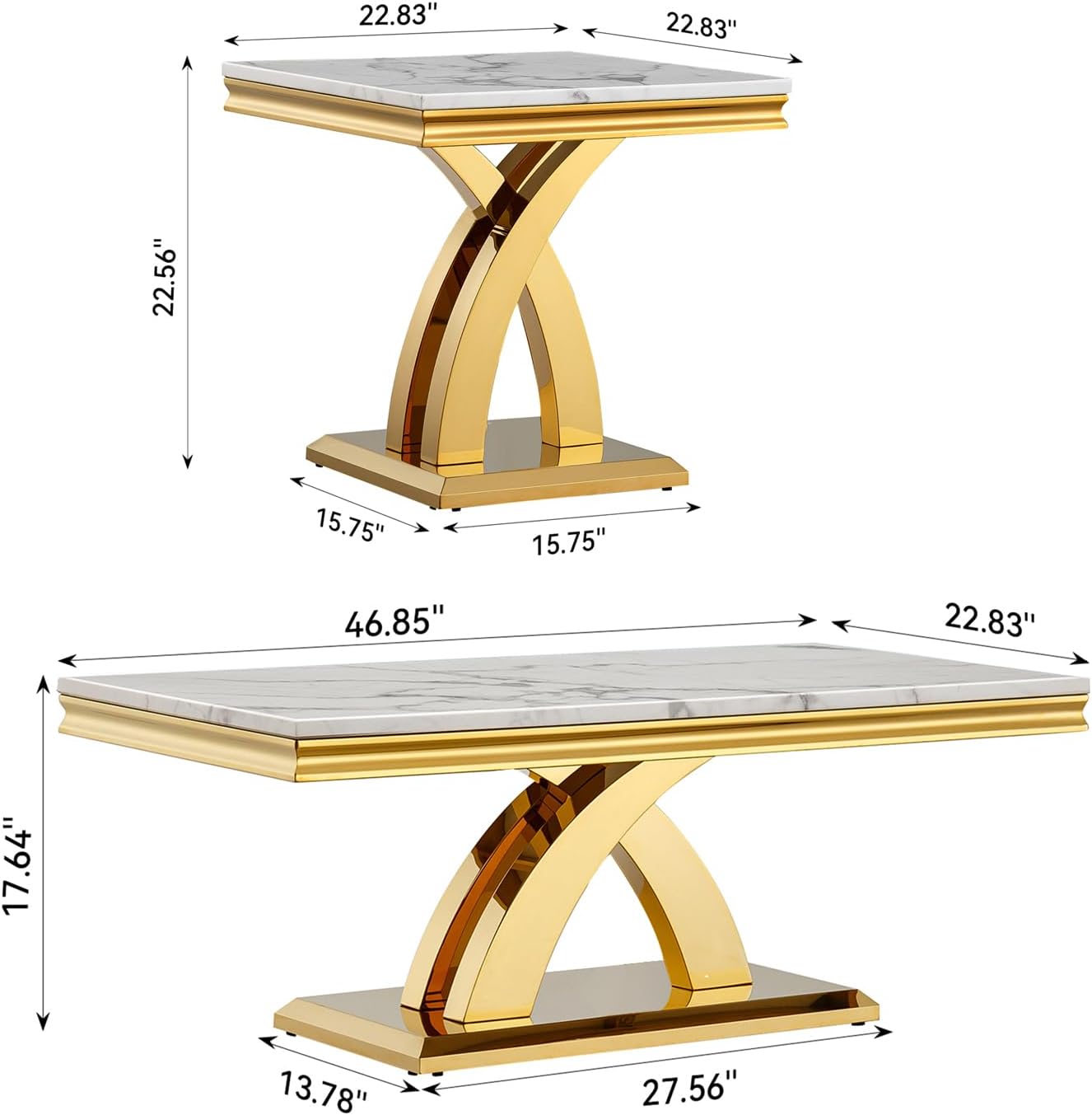 Modern White Gold Coffee Table Set of 3 Faux Marble Coffee Table and End Side Table Set, Luxury 3 Pieces Living Room Table Set with X-Shape Stainless Steel Base for Home Office
