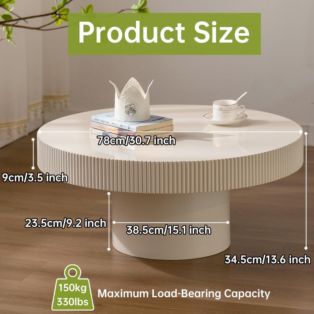 Round Drum Coffee Table White Round Fluted Coffee Table Modern Unique Fluted Drum Coffee Tables for Living Room (Ivory White, 30.7 * 30.7 * 13.6')