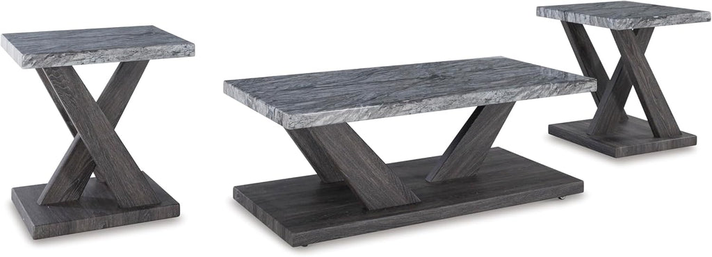 Signature Design by Ashley Bensonale Contemporary Occasional Table Set with Faux Marble Top and Casters, Set of 3, Gray & Dark Brown