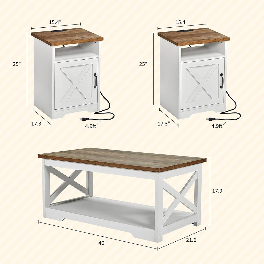 AMERLIFE 5-Piece Farmhouse Table Set Include 63' TV Stand with 26' Fireplace, 40' Coffee Table, 2 End Tables with Charging Station & USB Ports, Living Room Table Sets with Barn Door, Rustic Oak&White