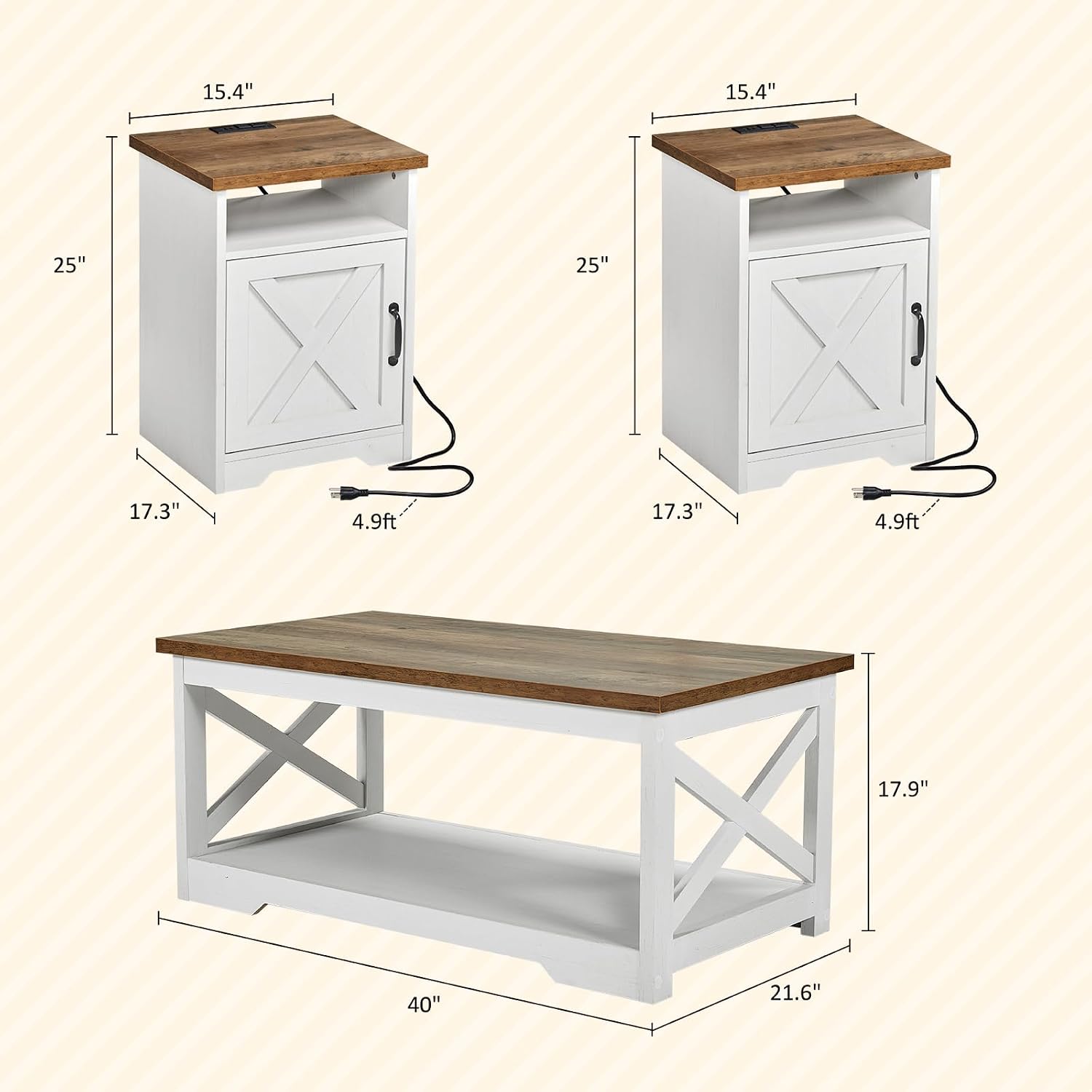 AMERLIFE 5-Piece Farmhouse Table Set Include 63' TV Stand with 26' Fireplace, 40' Coffee Table, 2 End Tables with Charging Station & USB Ports, Living Room Table Sets with Barn Door, Rustic Oak&White