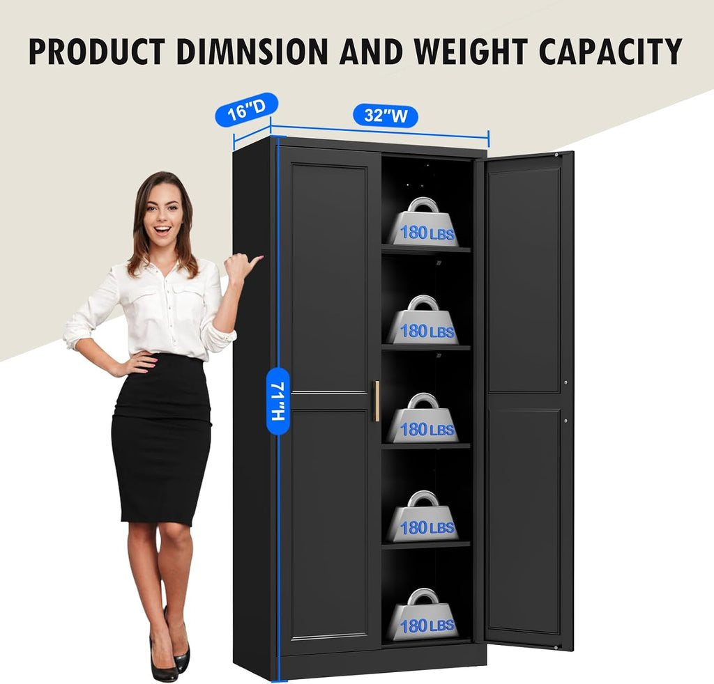 Polup Pantry Cabinet, 71 Inch Tall Kitchen Storage Cabinet, Metal Pantry Cabinet with Doors and Adjustable Shelves, Freestanding Heavy Duty Steel Utility Cupboard for Garage, Office, Laundry, Black