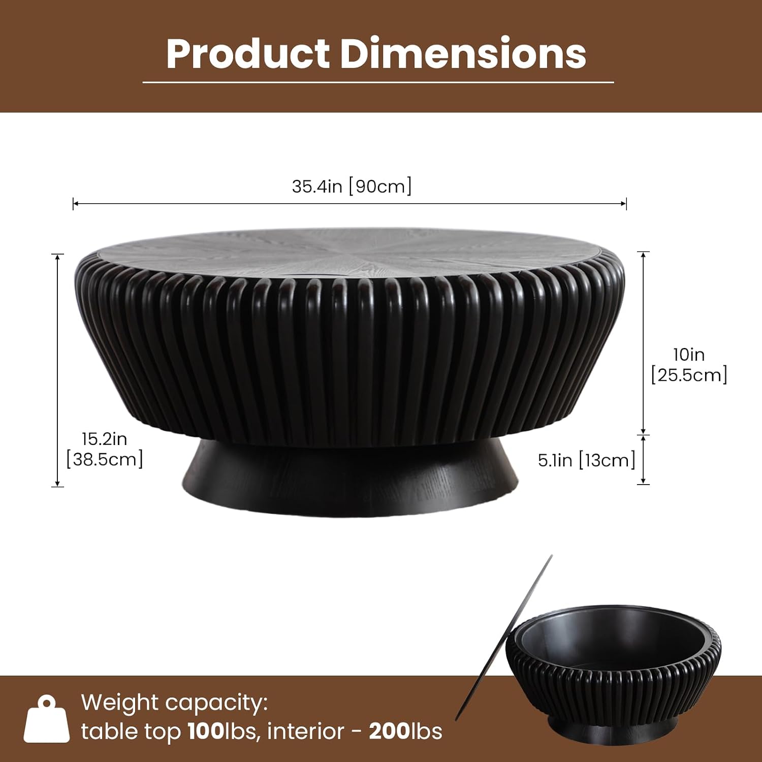 Round Fluted Coffee Table with Storage, 35.4' Wooden Drum Coffee Table, Modern Circle Center Accent Furniture, Tea Table for Living Room Apartment Small Space (Black, 35.4' with Storage)