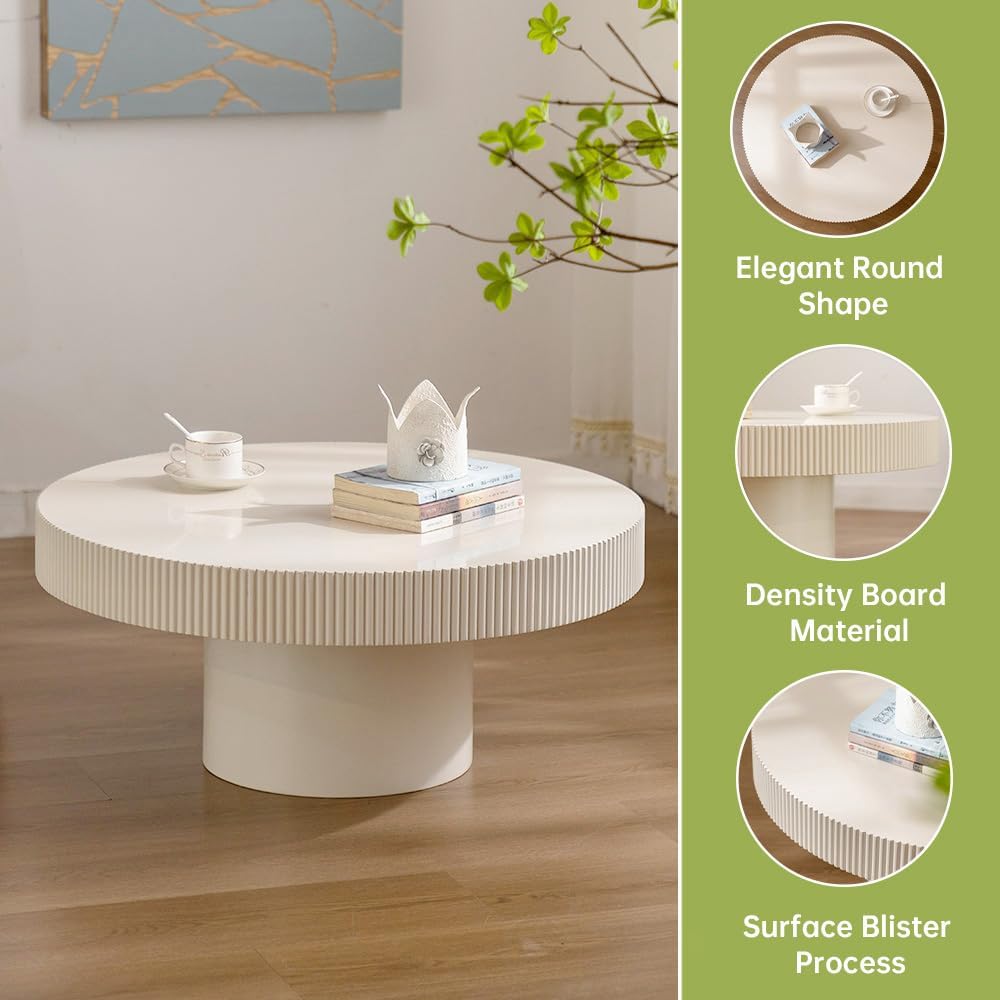 Round Drum Coffee Table White Round Fluted Coffee Table Modern Unique Fluted Drum Coffee Tables for Living Room (Ivory White, 30.7 * 30.7 * 13.6')