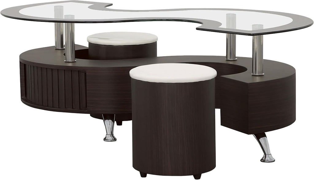 Coaster Home Furnishings - Buckley - Wood and Glass - 3-Piece Coffee Table and Stools Set - Serpentine Shape, Tempered Glass Top, Upholstered Stools - Living Room - 51-Inch - Cappuccino - 720218