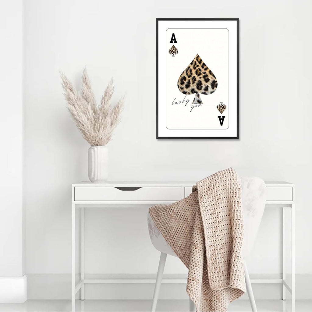 Trendy Ace Of Spades Lucky You Leopard Posters Minimalism Room Aesthetics Canvas Wall Art Funny Playing Card Prints Painting For Game Room Home Bedroom Dorm Wall Decor 24X36in Black Frame