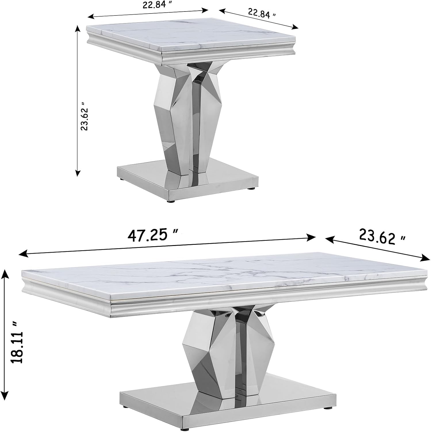 3 Pieces Coffee Table Set, Faux Marble Living Room Table Set of 3, Modern Coffee Table and 2 End Tables with Y-Shaped Stainless Steel Base for Living Room (White Silver)