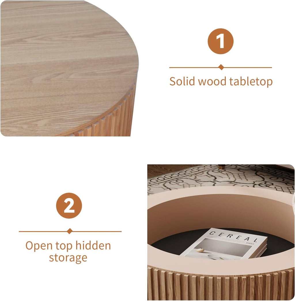 31.5'' Round Coffee Table for Living Room, Fluted Coffee Table with Hidden Storage, Solid Wood Circle Table, Modern Tea Table for Small Space Apartment-Natural Wood 31.5''D×14''H