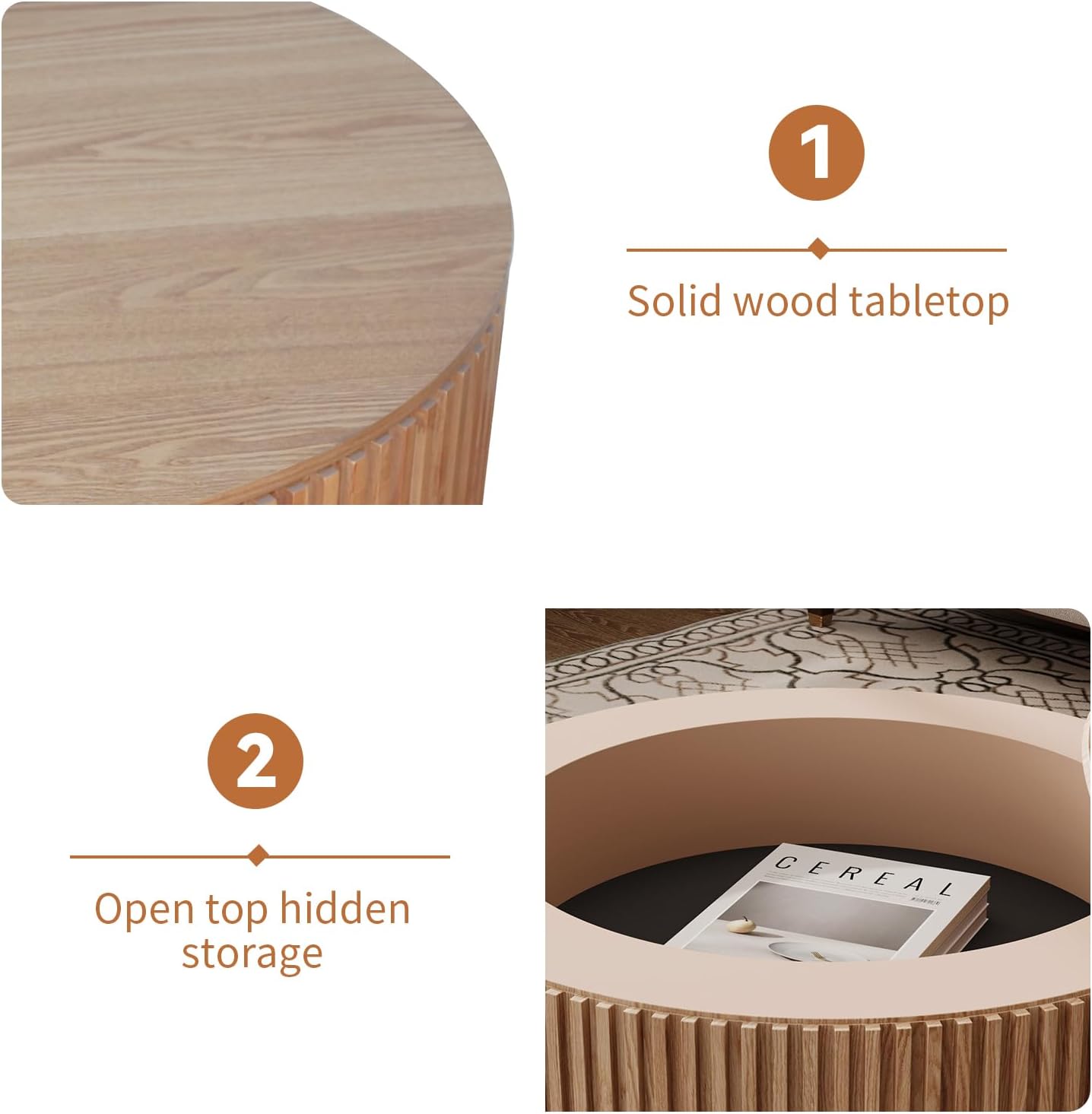 31.5'' Round Coffee Table for Living Room, Fluted Coffee Table with Hidden Storage, Solid Wood Circle Table, Modern Tea Table for Small Space Apartment-Natural Wood 31.5''D×14''H