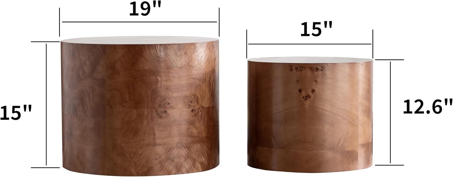 Round Nesting Coffee Table Set of 2 for Living Room Burl Wood Coffee Table Side Tables End Tables Set Modern Circle Center Tables, No Need Assembly (Burl Wood-Walnut)