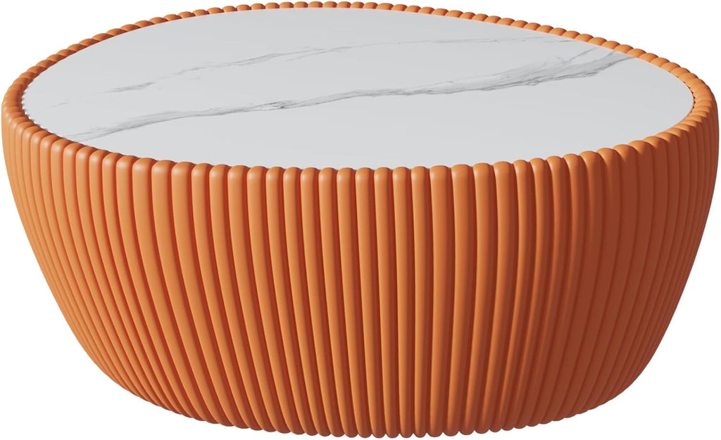 32'' Goose Egg Shaped Coffee Table, White Sintered Stone Top with Unique Pattern & Leather Wrapped, Modern Side Sofa Table, No Assembly (Orange)