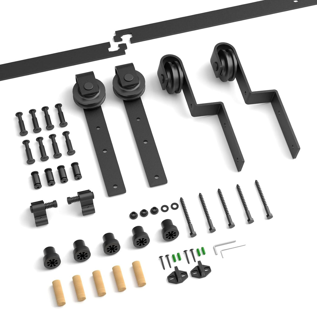 12FT Bypass Sliding Barn Door Hardware Kit, Combination Track Mode Sliding Door Hardware, Double Wooden Doors Use Single Track Bypass Barn Door Hardware (12 Feet)