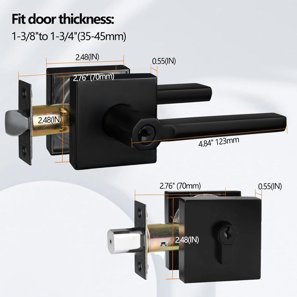NEWBANG (6Pack Square Heavy Duty Keyed Entry Combo with deadbolt and Lever Door Handle in Matte Black (for Entrance/Exterior/Front/Office Door) Left or Right Handed