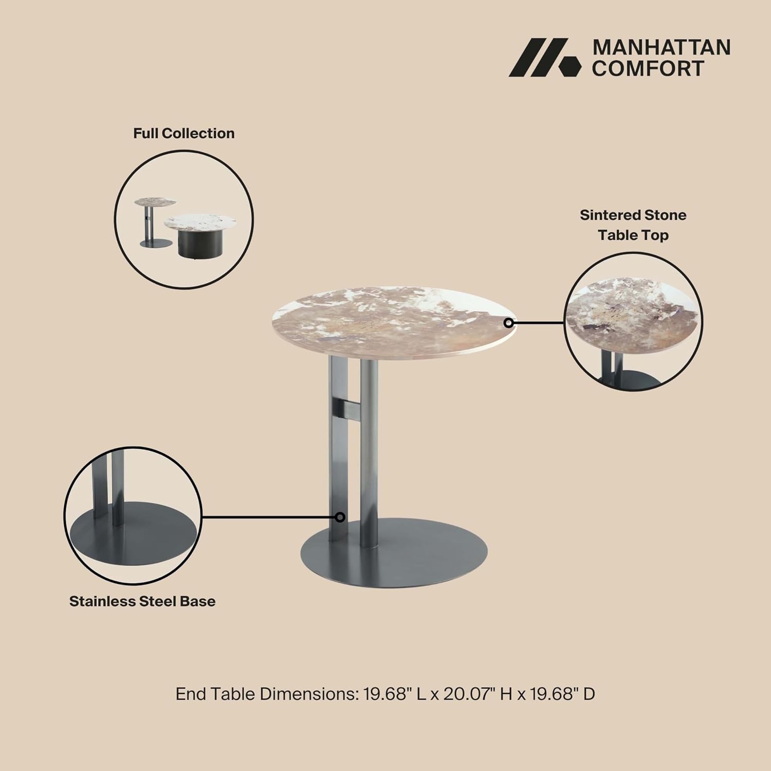 Manhattan Comfort Alondra Round End Table with Sleek Sintered Stone Top and Stainless Steel Base, Elegant Design for Modern Living Room, Side Piece, Black