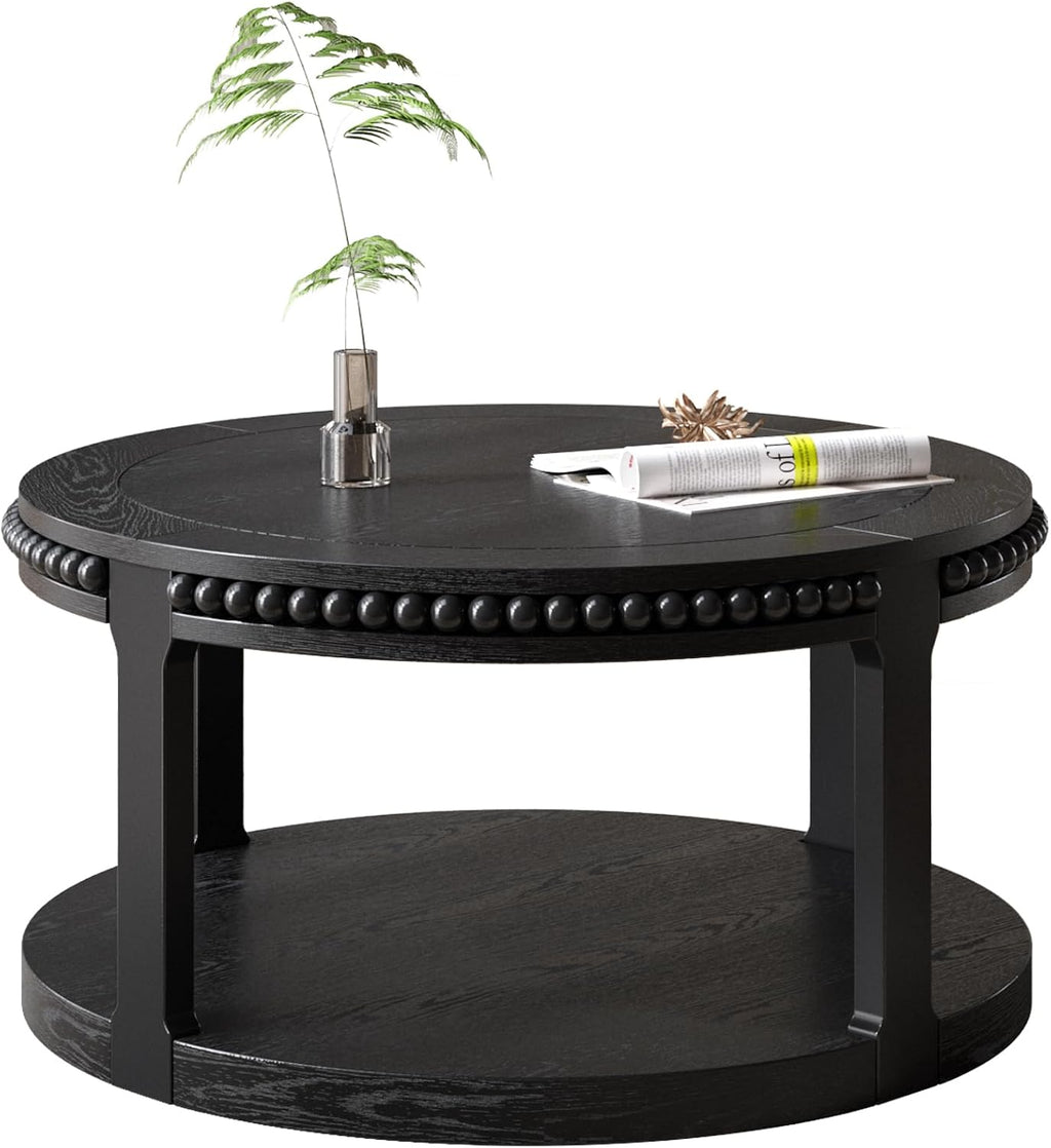 31.5'' Round Coffee Table, 2-Tier Modern Rustic Wood Circle Coffee Table for Living Room, Easy Assembly, Black