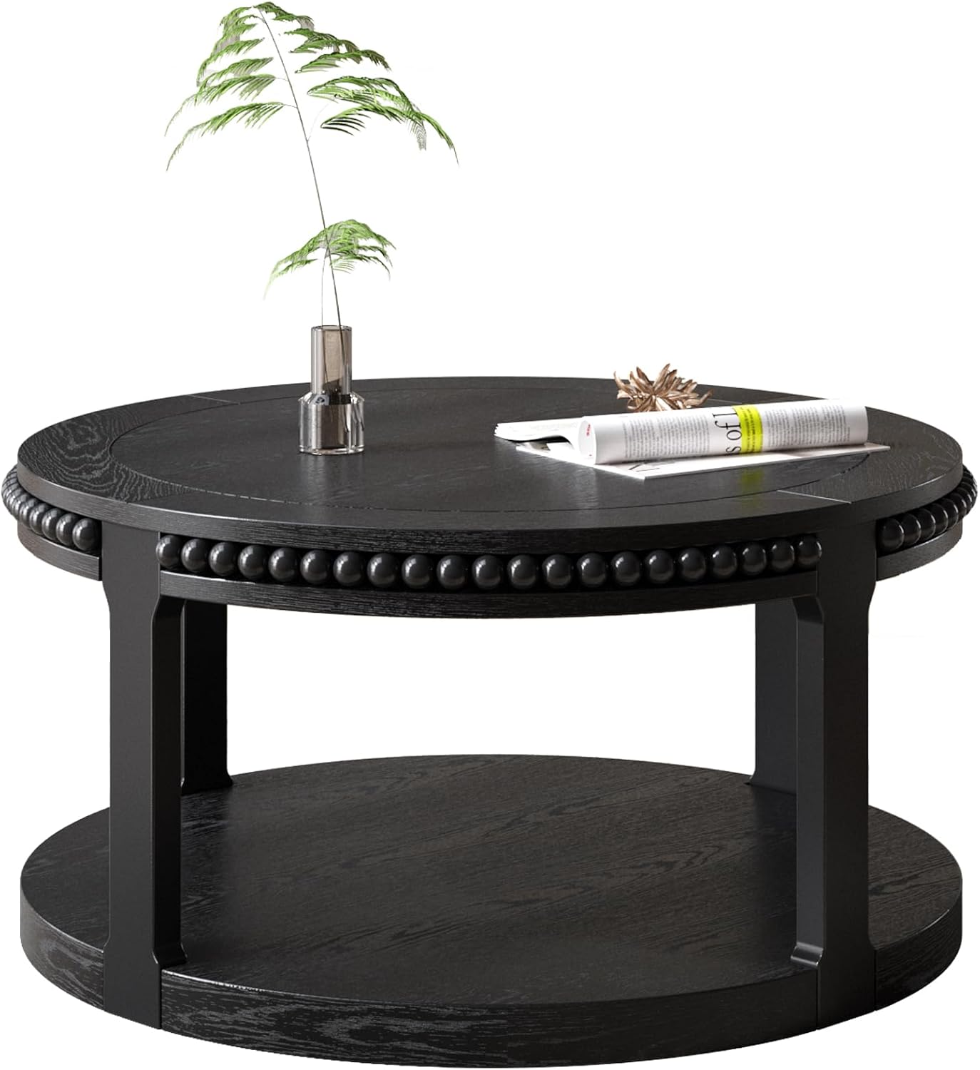 31.5'' Round Coffee Table, 2-Tier Modern Rustic Wood Circle Coffee Table for Living Room, Easy Assembly, Black
