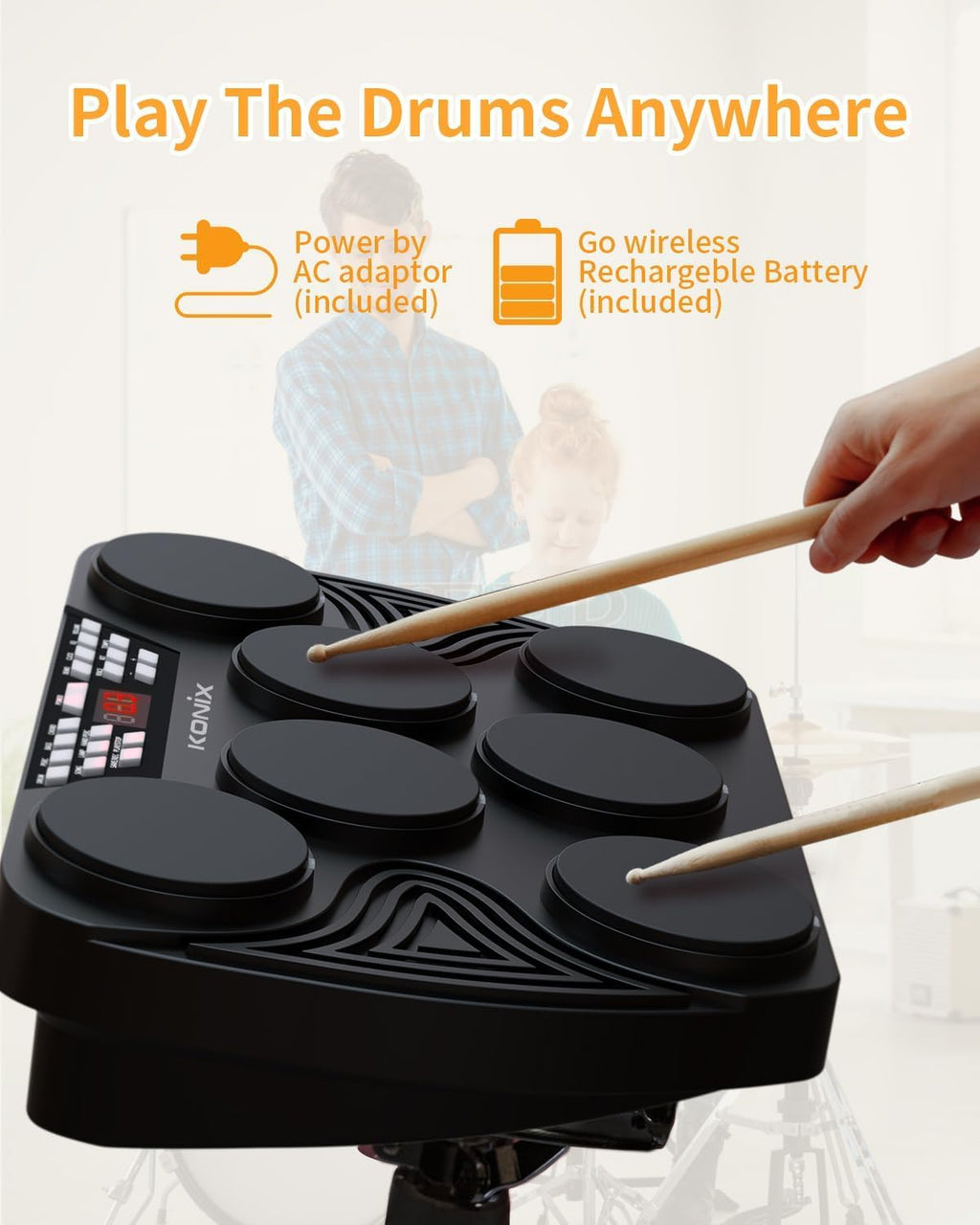 KONIX Electronic Tabletop Drum Set, Portable Electric Drum Kit with 7 Velocity Sensitivity Drum Pads, LED Drum Light, USB-MIDI Mac & PC Support, Ideal Gift for Adult and Beginners