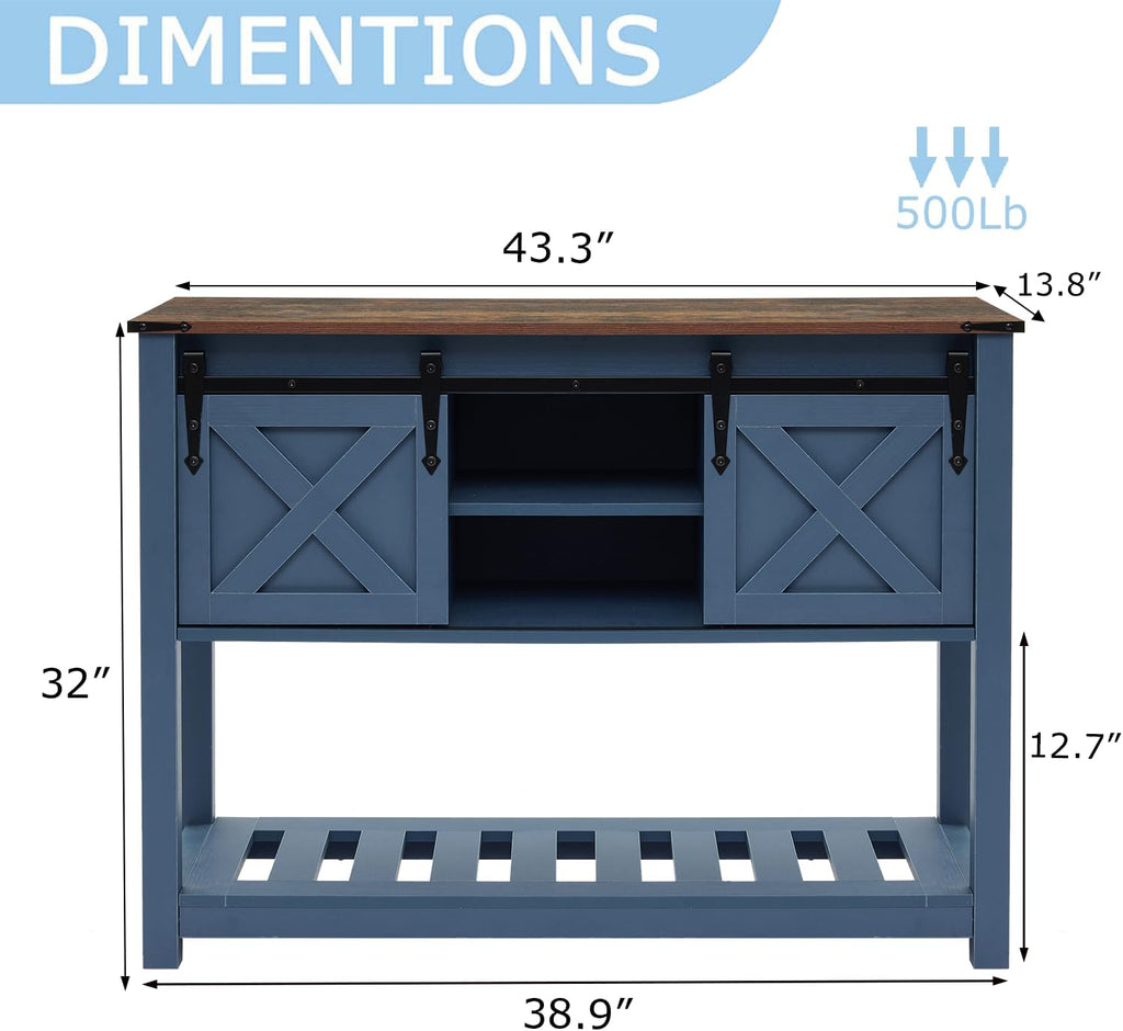 Entryway Table with Sliding Barn Doors, 43' Farmhouse Console Table with Storage Shelf, Behind Couch Sofa for Hallway, Entryway, Foyer, Navy Blue