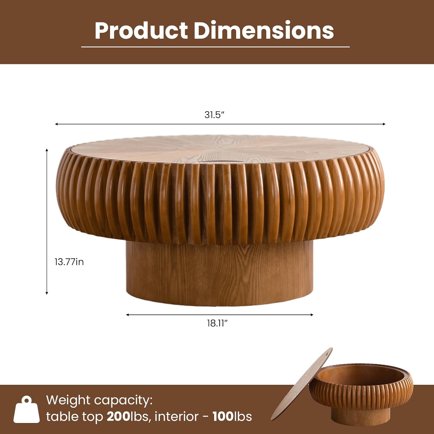 Round Fluted Coffee Table with Storage for Living Room, Modern Wooden Drum Coffee Table with Solid Wood Veneered, Circle Accent Tea Center Table for Small Space Apartmen (Brown, 31.5' with Storage)