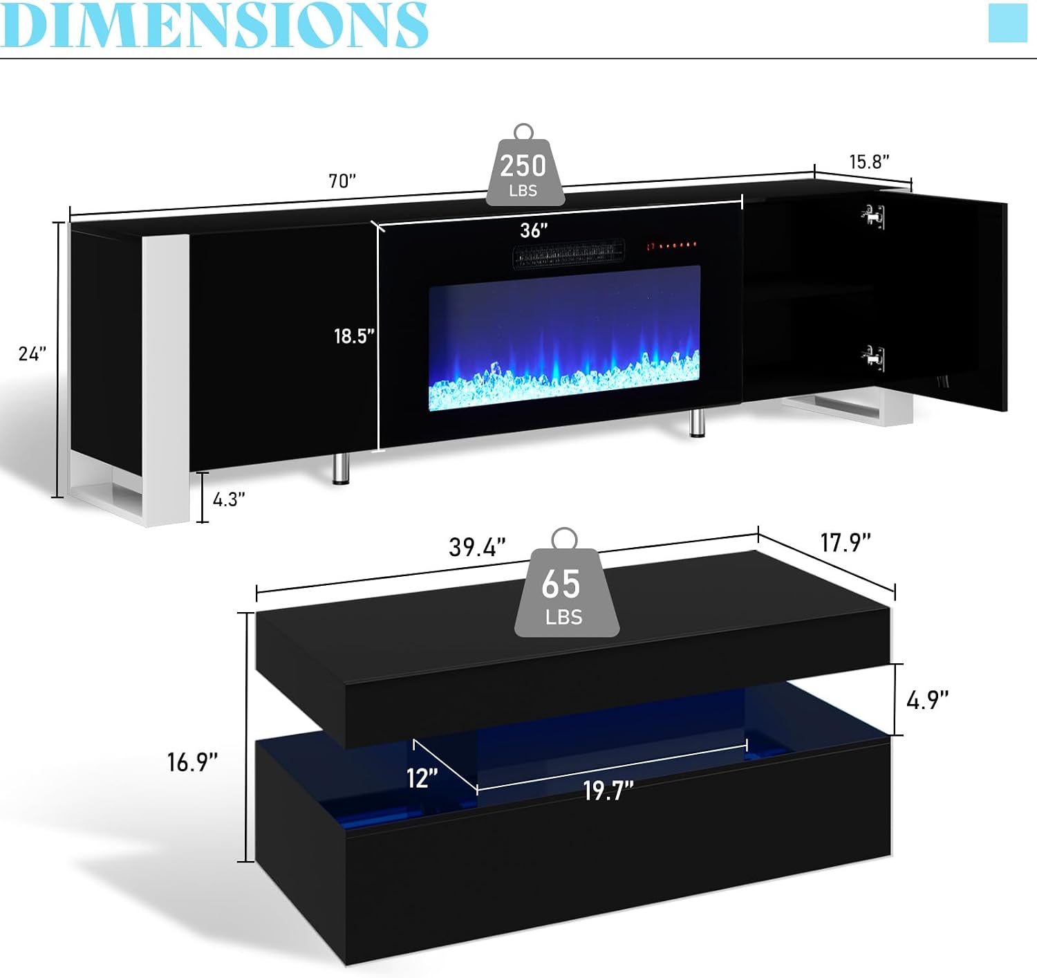 VanAcc 3-Piece Modern Living Room Table Sets, 70' Modern LED TV Stand with 36' Electric Fireplace, High Gloss Coffee Tables for Living Room, Black