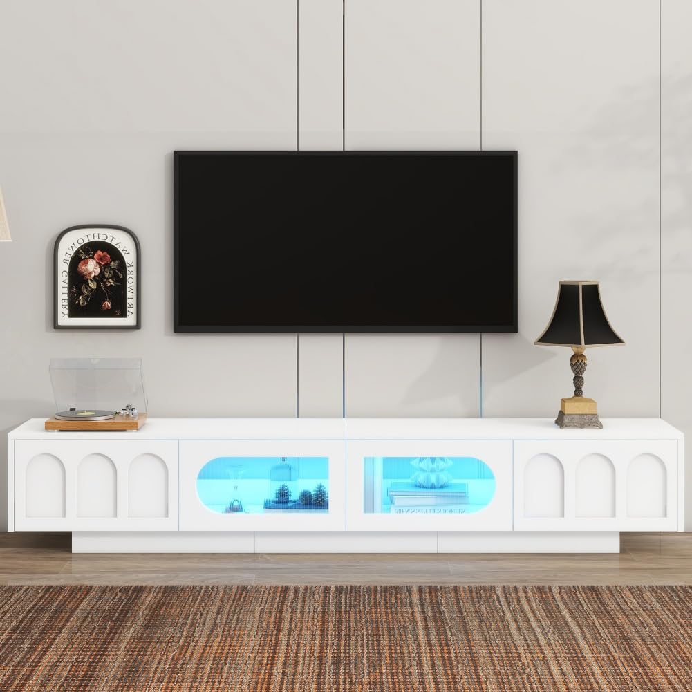 86.6' LED TV Stand with Fluted Tempered Glass Doors for TVs Up to 95'', Functional Media Console Entertainment Center with Arched Cabinet Doors (White)