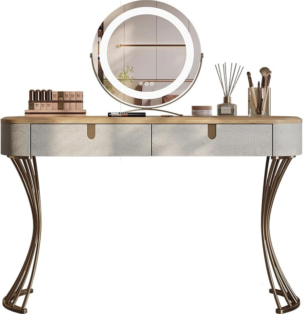 Thick Table Top Vanity Desk with Mirror Tri-Colour Lighting Creative Design Mirror Stainless Steel Stand Solid Wood Frame Makeup Table